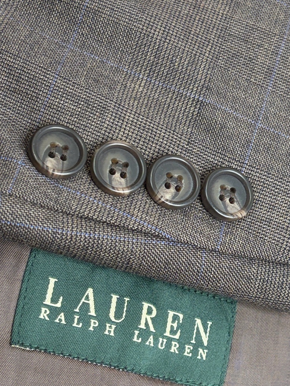 Lauren Ralph Lauren Suit Mens 40R 34 x 30 Brown Gray Wool Windowpane 2 Piece